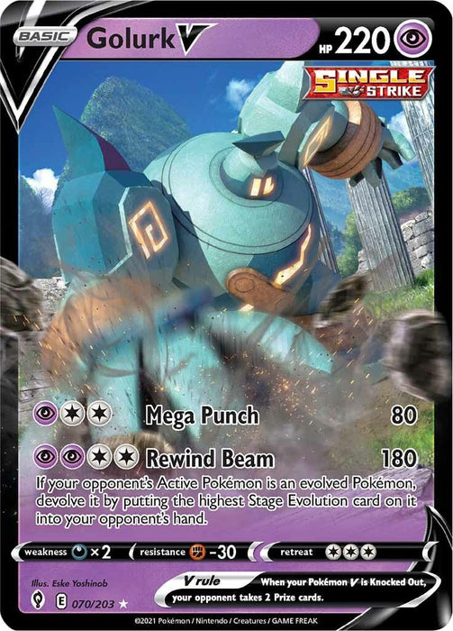 A Pokémon card features Golurk V with 220 HP, depicted in an action stance. The card, from the Sword & Shield: Evolving Skies series, belongs to "Single Strike." It includes two attacks: "Mega Punch" (80 damage) and "Rewind Beam" (170 damage). The Ultra Rare Golurk V (070/203) [Sword & Shield: Evolving Skies] by Pokémon is numbered 070/203 and illustrated by Eske Yoshinob.