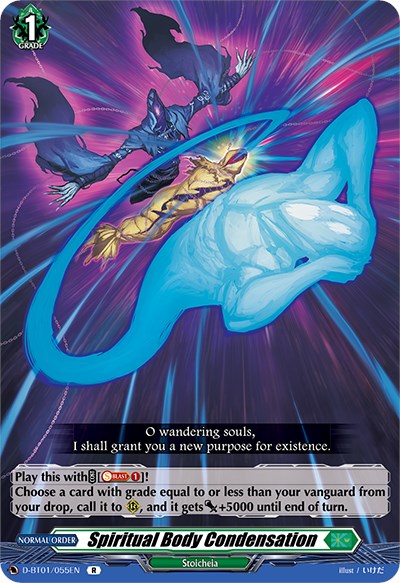 The trading card "Spiritual Body Condensation (D-BT01/055EN) [Genesis of the Five Greats]" from Bushiroad's Cardfight!! Vanguard series features a mystical, ghostly blue figure emerging from a glowing portal. Two cloaked figures wielding scythes stand behind the portal, evoking Stoicheia. A text box with game instructions is at the bottom.