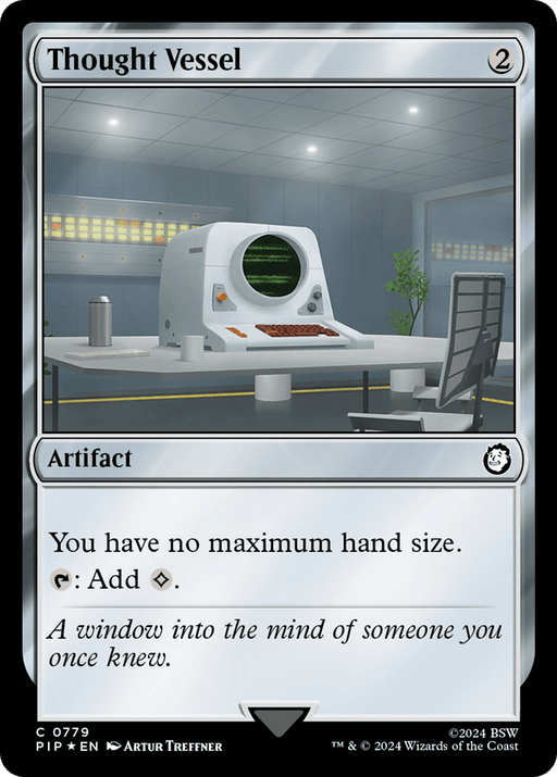 A Magic: The Gathering card named "Thought Vessel (Surge Foil) [Fallout]," a common artifact with a mana cost of 2 colorless. Its features include "You have no maximum hand size" and "{T}: Add {C}." The artwork portrays a futuristic workspace reminiscent of Fallout, complete with a computer, large monitor, desk, chair, and potted plant.