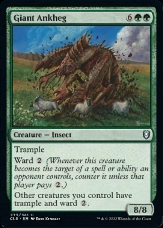 A "Magic: The Gathering" card titled "Giant Ankheg" from the Commander Legends: Battle for Baldur's Gate set. This Creature — Insect boasts 8/8 power and toughness, emerging from the ground armed with mandibles and spiky legs. It costs 6 generic mana and 2 green mana to cast, features trample and ward 2, and grants these abilities to other creatures you control.