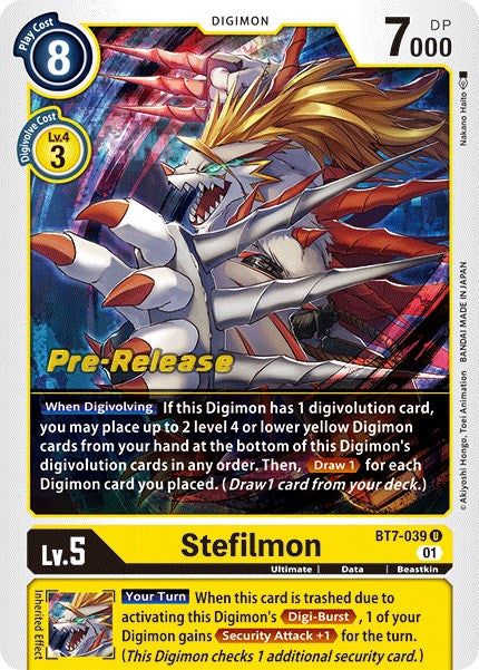 Introducing the Digimon card "Stefilmon [BT7-039] [Next Adventure Pre-Release Cards]," a formidable Level 5 creature with a play cost of 8 and a DP of 7000. This wolf-like Digimon, illustrated by As'Maria Nobi, is equipped with armor and claws, featuring Digi-Burst abilities that offer strategic advantages by drawing cards. The card comes with a pre-release label and displays a distinctive yellow border.