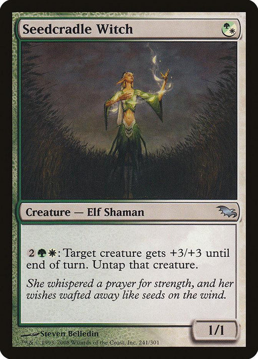 The image is a Magic: The Gathering card named "Seedcradle Witch [Shadowmoor]," a Shadowmoor uncommon. It depicts a glowing Elf Shaman in green robes standing in a field, chanting with raised arms. The sunlight illuminates her, and leaves surround her. The card has a green mana symbol and text detailing her abilities.