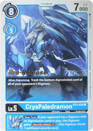 The Digimon card CrysPaledramon [BT5-028] from the Battle of Omni Pre-Release Promos features a dragon-like creature adorned with crystalline armor. This Level 5 card boasts a Digivolve cost of 3, a play cost of 8, and 7000 DP. Its notable abilities include removing an opponent's bottom digivolution card and gaining Security Attack +1.