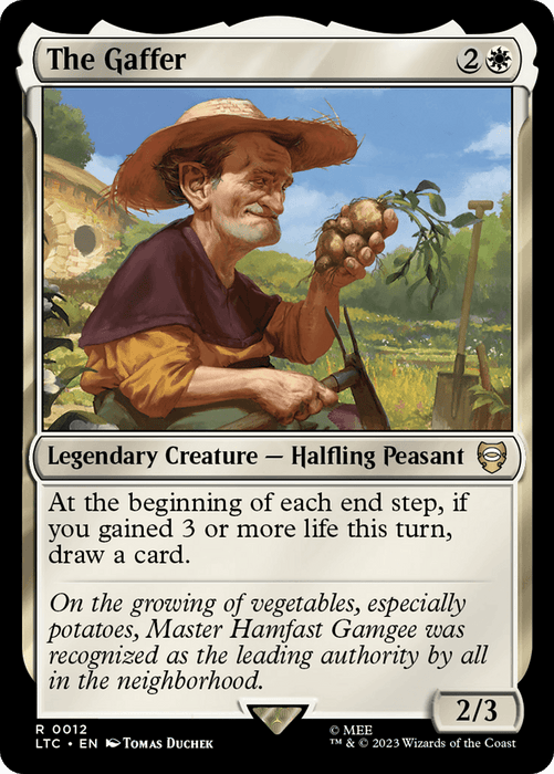 A Magic: The Gathering card titled "The Gaffer [The Lord of the Rings: Tales of Middle-Earth Commander]." This Magic: The Gathering features an elderly halfling peasant holding a pitchfork and a clump of potatoes. The halfling, wearing a hat, stands before lush greenery. Stats: 2 colorless, 1 white mana; 2/3 power/toughness. Ability: Draw a card if 3 or