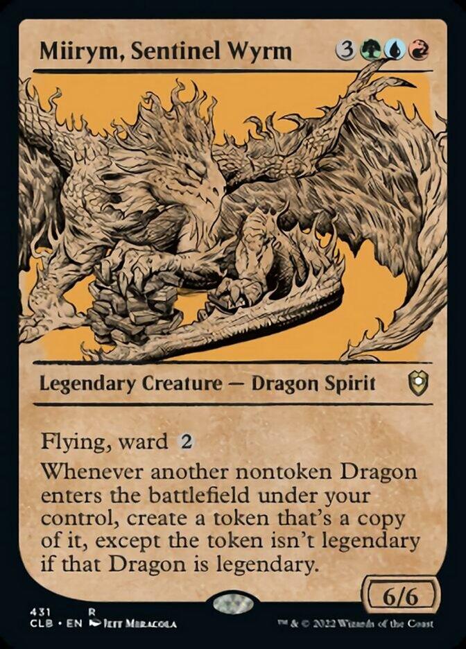 A Magic: The Gathering card titled "Miirym, Sentinel Wyrm (Showcase) [Commander Legends: Battle for Baldur's Gate]." The artwork shows a majestic, large dragon with sprawling wings and a dynamic pose. It’s described as a Legendary Creature - Dragon Spirit with flying and ward 2 abilities, costing 3, one green, one blue, and one red mana. With 6