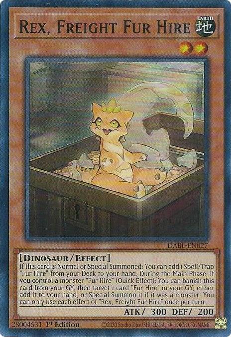 A Yu-Gi-Oh! trading card featuring "Rex, Freight Fur Hire [DABL-EN027] Super Rare," a small, yellow dinosaur with blue markings. The dinosaur sits inside an open wooden crate with a symbol resembling a paw print. As an Effect Monster from the Darkwing Blast set, Rex has 300 ATK and 200 DEF and boosts "Fur Hire" cards.