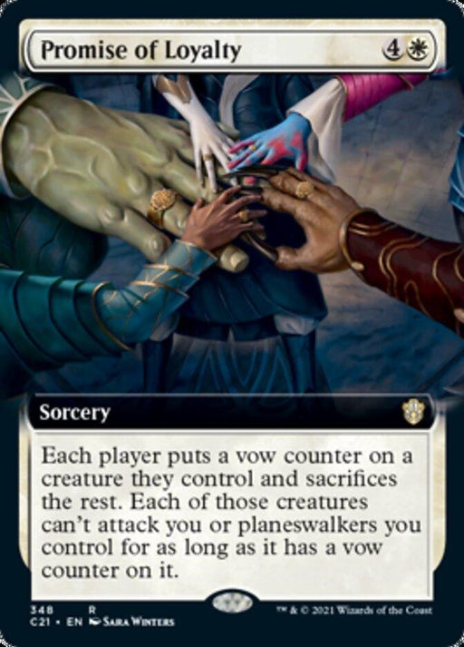 The image shows a Magic: The Gathering card titled "Promise of Loyalty (Extended Art) [Commander 2021]" from Magic: The Gathering. It is a rare sorcery card with a cost of 4 generic mana and 1 white mana. The card art depicts several hands of diverse species placing their fingers on a glowing symbol, and the text outlines the spell's effect on creatures in play.