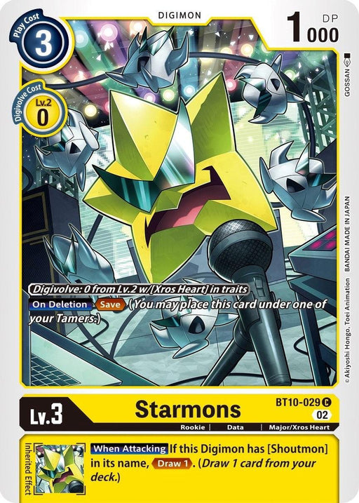 This Digimon card, titled "Starmons [BT10-029] [Xros Encounter]," showcases a yellow, star-shaped companion complete with microphones and shines proudly under the Xros Heart banner. At Level 3 with 1000 DP and marked as "BT10-029 C," it can evolve into exciting abilities, such as drawing a card when attacking in tandem with Shoutmon.