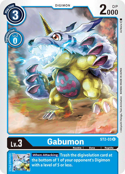 This Digimon trading card, Gabumon [ST2-03] from the Starter Deck: Cocytus Blue, highlights a Rookie dinosaur-like creature with a metallic body, colorful armored scales, and sharp claws. It features 2000 DP and comes with a play cost of 3 and an evolution cost of 2. A special effect is activated when Gabumon attacks.