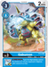 This Digimon trading card, Gabumon [ST2-03] from the Starter Deck: Cocytus Blue, highlights a Rookie dinosaur-like creature with a metallic body, colorful armored scales, and sharp claws. It features 2000 DP and comes with a play cost of 3 and an evolution cost of 2. A special effect is activated when Gabumon attacks.