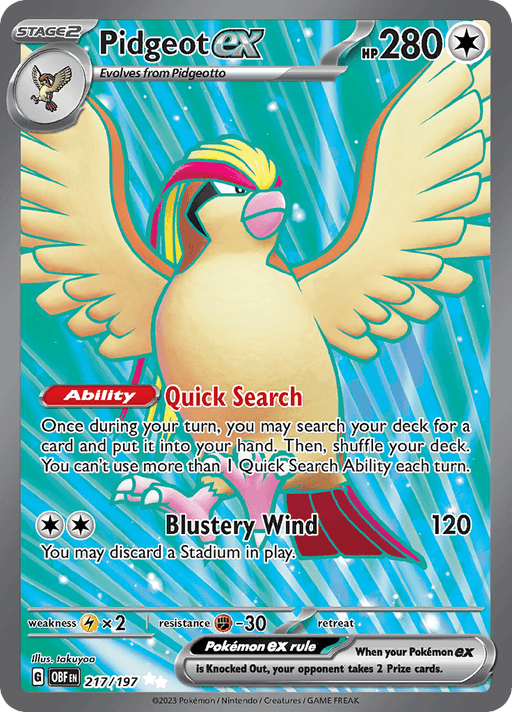 An Ultra Rare Pokémon trading card featuring Pidgeot ex (217/197) [Scarlet & Violet: Obsidian Flames], a large bird-like creature with red and yellow feathers, spreading its wings against a holographic blue background. The card text details its abilities: Quick Search and Blustery Wind. Part of the Scarlet & Violet series, it has an HP of 280 and includes information on its weaknesses and resistances.