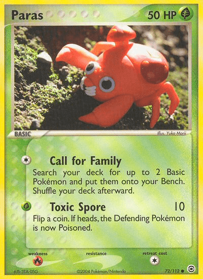 This Pokémon trading card of "Paras (72/112) [EX: FireRed & LeafGreen]" from the Pokémon series features a green border with a yellow gradient. Paras, a Grass type crab-like creature with mushrooms on its back, is depicted in front of mossy rocks. With 50 HP and common rarity, it has two moves: "Call for Family" and "Toxic Spore.