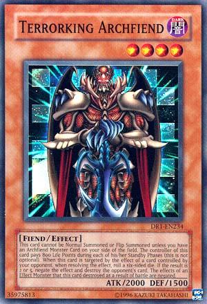 The Yu-Gi-Oh! card "Terrorking Archfiend [DR1-EN234]," a Super Rare, features a fearsome, armored demon brandishing a sword. Displayed against a cosmic backdrop filled with stars, this Fiend/Effect monster has an ATK of 2000 and DEF of 1500.