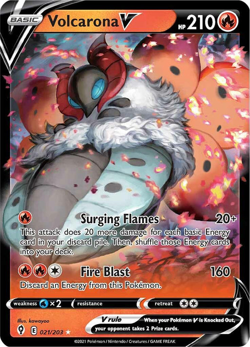 A Pokémon card featuring Volcarona V (021/203) [Sword & Shield: Evolving Skies], a creature resembling a fiery moth with a white mane and fiery wings. The Ultra Rare card showcases 210 HP and two moves: "Surging Flames" and "Fire Blast." The background is red and orange, emphasizing a fiery theme from the Evolving Skies set in the Sword & Shield series, numbered 021/203.