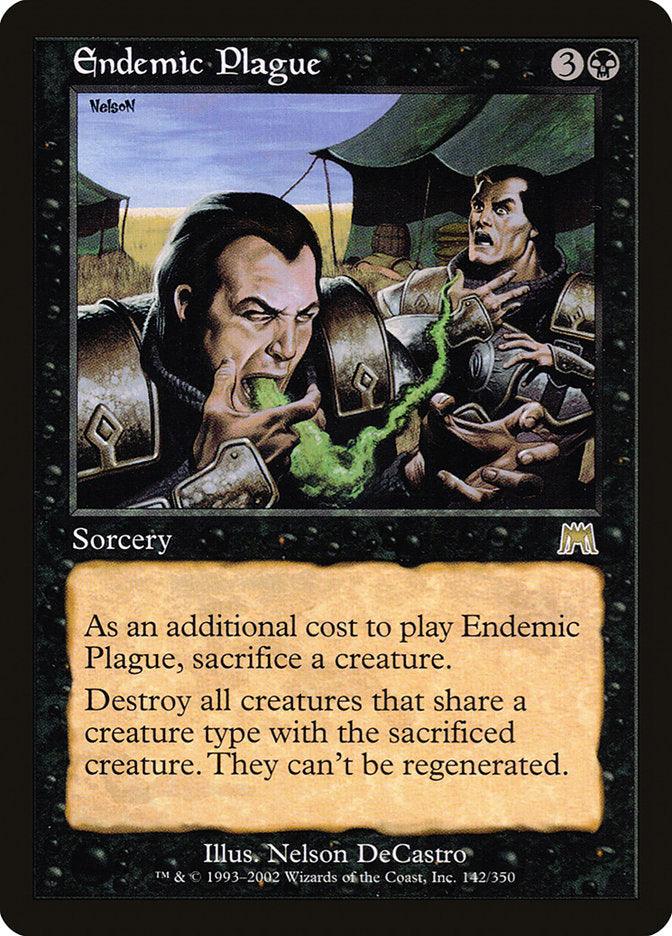 Endemic Plague [Onslaught] is a rare card from Magic: The Gathering. Illustrated by Nelson DeCastro, it features artwork of a soldier coughing green smoke and infecting another soldier. This sorcery card's text details the sacrifice of a creature and the destruction of all creatures sharing that type.