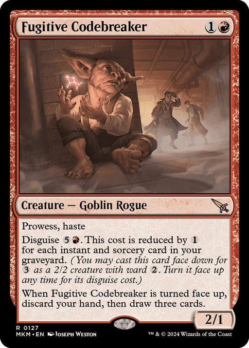A Magic: The Gathering card titled "Fugitive Codebreaker [Murders at Karlov Manor]." This Goblin Rogue, with Prowess and Haste, excels in disguising and drawing cards. Costing 1 generic and 1 red mana to cast, it has power 2 and toughness 1. It offers a thrilling twist reminiscent of the Murders at Karlov Manor.