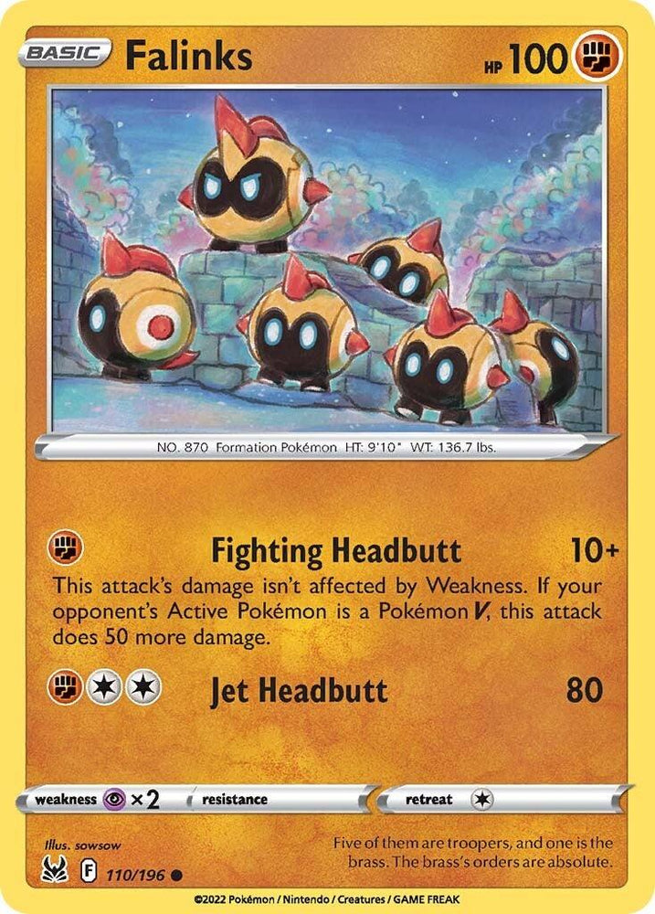 Image of a Common Pokémon trading card from Pokémon featuring Falinks (110/196) [Sword & Shield: Lost Origin]. Falinks is a line of six small armored Fighting-type Pokémon with eyestalks and 100 HP. It has two attacks: Fighting Headbutt (10+ damage) and Jet Headbutt (80 damage). Weakness to Psychic, no resistance, and a retreat cost of two energy.