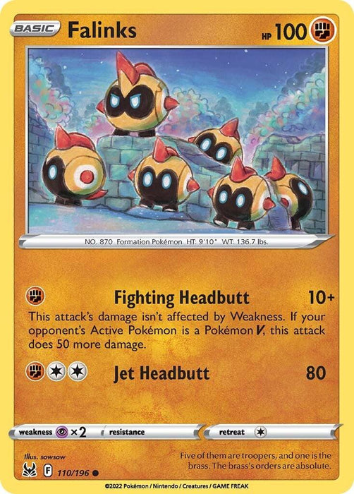 Image of a Common Pokémon trading card from Pokémon featuring Falinks (110/196) [Sword & Shield: Lost Origin]. Falinks is a line of six small armored Fighting-type Pokémon with eyestalks and 100 HP. It has two attacks: Fighting Headbutt (10+ damage) and Jet Headbutt (80 damage). Weakness to Psychic, no resistance, and a retreat cost of two energy.