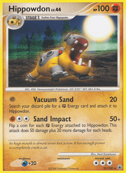 Image of a Pokémon Hippowdon (21/100) [Diamond & Pearl: Majestic Dawn] from the Diamond & Pearl Majestic Dawn series featuring Hippowdon. It's a Stage 1, Level 44 Fighting-type card with 100 HP. The card showcases Hippowdon emerging from the ground in a desert landscape, ready to use Vacuum Sand (20 damage) and Sand Impact (50+ damage).