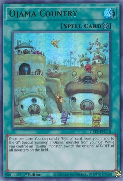 A Yu-Gi-Oh! trading card titled "Ojama Country [GFTP-EN110] Ultra Rare" with a Field Spell card type. The card features an illustration of a whimsical village with rounded, house-like structures resembling Ojama monsters. The effect text reads: "Once per turn: You can send 1 'Ojama' card from your hand to the GY; Special Summon 1 'Ojama' monster