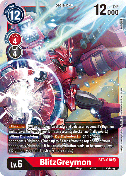 Introducing the BlitzGreymon [BT3-018] card from the Digimon series, featured in the Release Special Booster Ver.1.5. This Super Rare digital card depicts a red and silver armored mechanical dragon-like creature with glowing blue eyes. It showcases impressive stats such as Level 6, a Play Cost of 12, and 12,000 DP, along with unique abilities like Piercing detailed on the card.