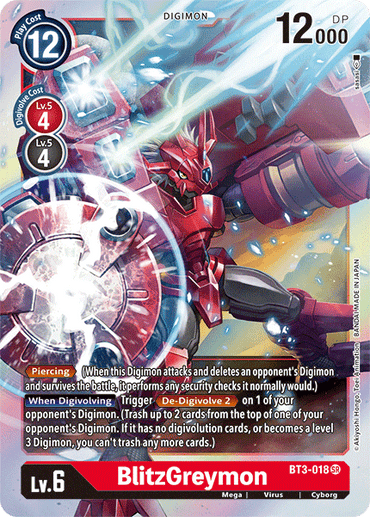 Introducing the BlitzGreymon [BT3-018] card from the Digimon series, featured in the Release Special Booster Ver.1.5. This Super Rare digital card depicts a red and silver armored mechanical dragon-like creature with glowing blue eyes. It showcases impressive stats such as Level 6, a Play Cost of 12, and 12,000 DP, along with unique abilities like Piercing detailed on the card.