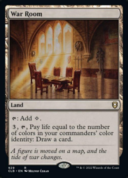 A Magic: The Gathering product titled "War Room [Commander Legends: Battle for Baldur's Gate]". The artwork depicts an ornate room with sunlight streaming through large arched windows onto a table with chairs. As a Rare Land, its text includes mana and life payment instructions to draw a card, along with flavor text.