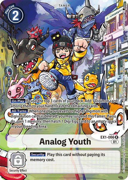 A Digimon card titled "Analog Youth [EX1-066] (Alternate Art) [Classic Collection]" featuring a young Tamer in a yellow shirt, shorts, and goggles surrounded by various Digimon characters. The card has 2 play cost and special effects described in multiple text boxes. Its ID is EX1-066 with level 01.