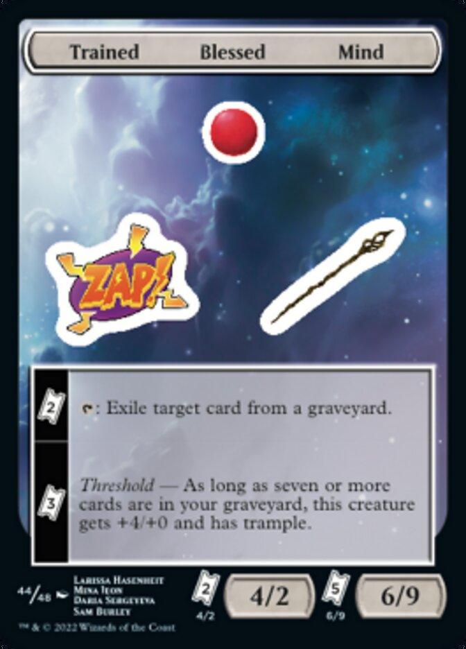 A card from a game depicts a starry sky background. It features a yellow star with "ZAP!" written on it and a white staff icon. The card includes text: "☞: Exile target card from a graveyard." and "Threshold: As long as seven or more cards are in your graveyard, this creature gets +4/+0 and has tap." The card has **Trained Blessed Mind [Unfinity Stickers]** from **Magic: The Gathering**.