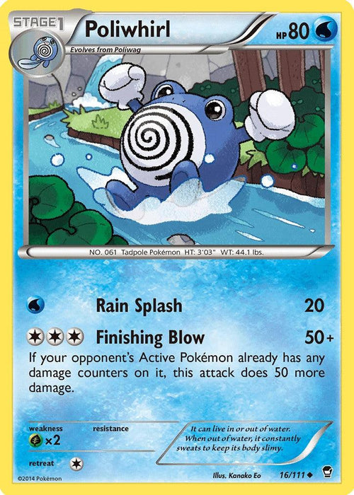 The Pokémon Poliwhirl trading card from the XY: Furious Fists series features an uncommon Water-type character with white gloves and a spiral on its stomach. This card, designated as 16/111, showcases Poliwhirl with 80 HP and two moves: Rain Splash and Finishing Blow. The background illustrates a running waterfall, and the card includes details such as weight, length, and artist information.