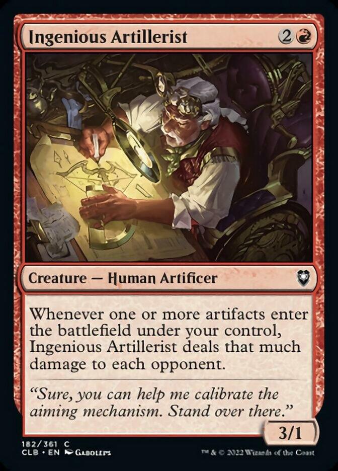 A Magic: The Gathering card from Commander Legends: Battle for Baldur's Gate, titled Ingenious Artillerist [Commander Legends: Battle for Baldur's Gate]. It depicts an older human artificer holding a magnifying glass while working on a mechanical device. The card costs 2R mana, is a 3/1 Creature—Human Artificer, and has an ability related to dealing damage when artifacts enter the battlefield.