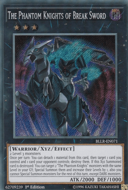 A Yu-Gi-Oh! trading card titled "The Phantom Knights of Break Sword [BLLR-EN071] Secret Rare" shines as a Secret Rare. The card features a dark, armored, mechanical dragon-like creature and is categorized as a Warrior/XYZ/Effect monster with 2000 attack and 1000 defense points. It's a coveted piece in the Battles of Legend series.