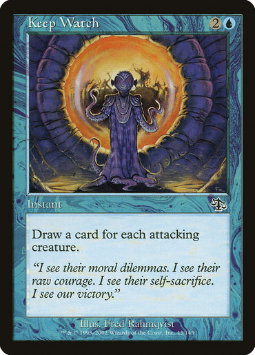 The Magic: The Gathering card "Keep Watch [Judgment]" is an instant featuring a robed figure with outstretched arms under an ornate arch and a mystical sky. Its text says, "Draw a card for each attacking creature," and the flavor text ponders moral dilemmas and courage.