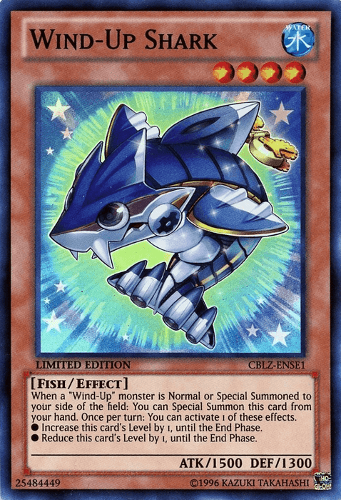 A Yu-Gi-Oh! trading card features "Wind-Up Shark [CBLZ-ENSE1] Super Rare," a Wind-Up monster with blue and silver metallic armor. It has fish fins and sharp teeth with a wind-up key on its body. The card, part of the Cosmo Blazer set, displays its attributes and effects, including "Limited Edition" and "ATK/1500 DEF/1300" at the bottom.