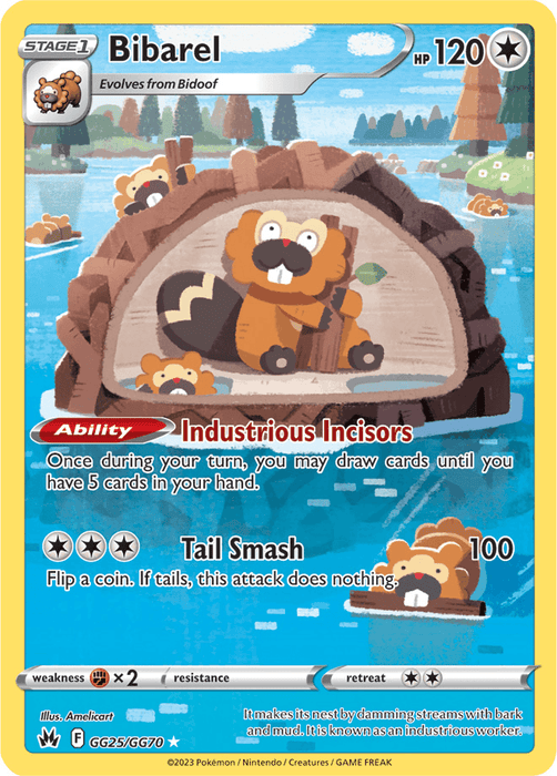 A Secret Rare Pokémon card featuring Bibarel (GG25/GG70) [Sword & Shield: Crown Zenith] by Pokémon. Bibarel is depicted emerging from a half-submerged log in a blue lake, with trees in the background. It has 120 HP and two abilities: Industrious Incisors and Tail Smash. Part of the Sword & Shield Crown Zenith collection. Text on the bottom reads: ©2023 Pokémon / Nintendo / Creatures / GAME FREAK.