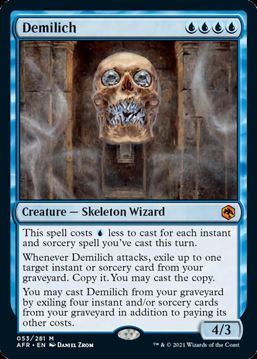 A Magic: The Gathering card named "Demilich [Dungeons & Dragons: Adventures in the Forgotten Realms]." The artwork, inspired by Adventures in the Forgotten Realms, depicts a skeletal skull with glowing eyes and an open mouth, set within a stone archway. This blue card includes intricate game text detailing its abilities and casting conditions, boasting a power/toughness of 4/3.