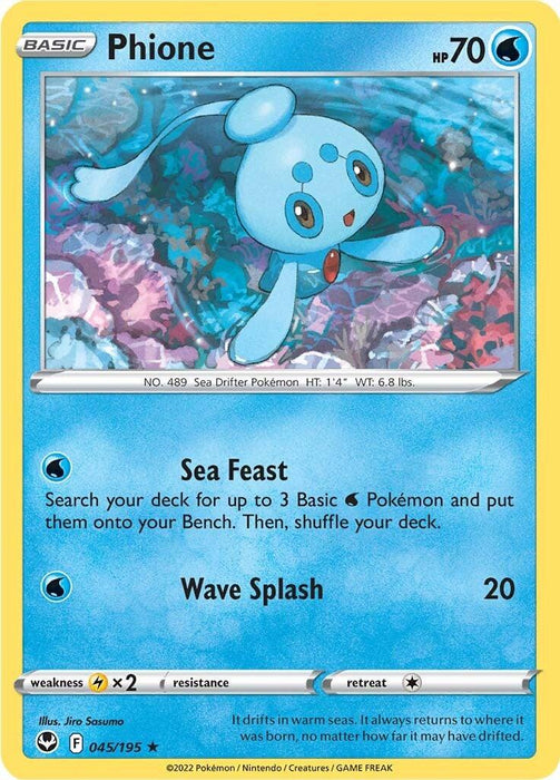 The image shows a Pokémon trading card of Phione (045/195) [Sword & Shield: Silver Tempest], a Water-type Pokémon with identification number 489. Phione is depicted floating underwater, surrounded by blue and turquoise waves. Part of the Silver Tempest series in Sword & Shield, the card has 70 HP and features "Sea Feast" and "Wave Splash," dealing 20 damage for the latter.