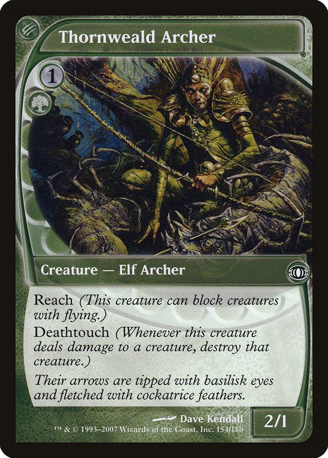 The Magic: The Gathering card "Thornweald Archer [Future Sight]" features an Elf Archer within dense thorns and a dark forest on this green card. With a cost of 1 green mana and 1 generic mana, it is a powerful 2/1 Creature - Elf Archer that has both Reach and Deathtouch abilities.