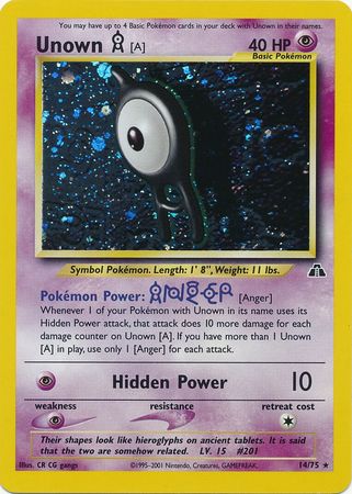 A Pokémon Unown [A] (14/75) [Neo Discovery Unlimited] trading card featuring Unown [A] from the Neo Discovery Unlimited set. The card has a purple border, with the image of a black, eye-shaped Psychic Pokemon in the center. The card displays its HP as 40 and its moves, including Hidden Power with an attack strength of 10. Weakness, resistance, and retreat cost are also shown.