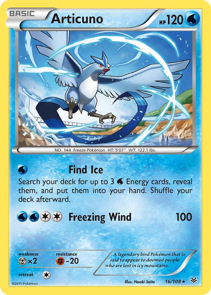 The Articuno (16/108) Pokémon card, exclusive to the XY: Roaring Skies Theme Deck, features a striking depiction of a blue bird-like creature with expansive wings, elegantly flying across an icy scene. The card highlights Articuno's HP as 120 along with abilities such as 