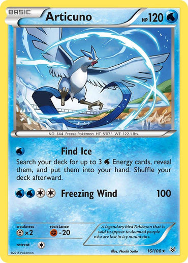 The Articuno (16/108) Pokémon card, exclusive to the XY: Roaring Skies Theme Deck, features a striking depiction of a blue bird-like creature with expansive wings, elegantly flying across an icy scene. The card highlights Articuno's HP as 120 along with abilities such as "Find Ice" and "Freezing Wind," and is framed by a blue border.