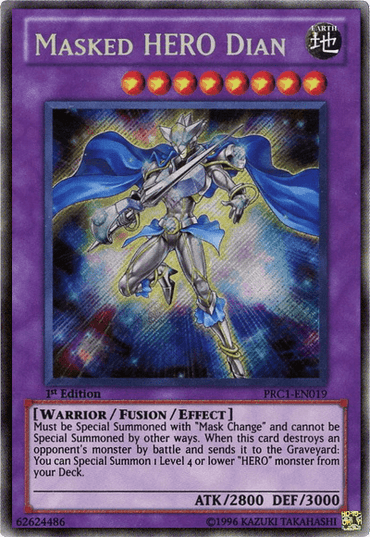 The Yu-Gi-Oh! card "Masked Hero Dian [PRC1-EN019]" shines as a Secret Rare, featuring a silver-armored warrior adorned with a blue cape and large gauntlets in an action-packed stance. This Fusion/Effect Monster possesses ATK – 2800 and DEF – 3000, with text describing its unique abilities and summoning conditions via Mask Change.