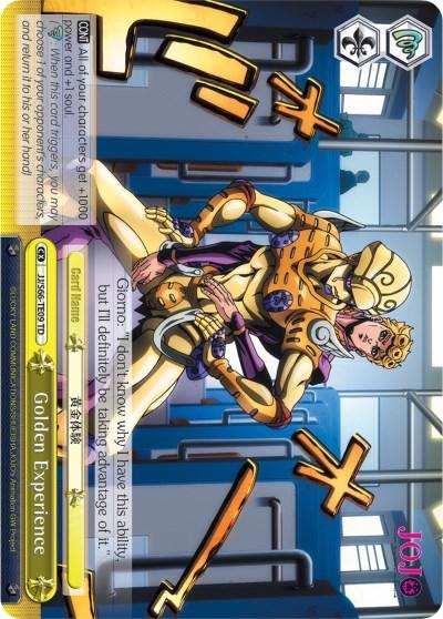 A digital Golden Experience (JJ/S66-TE09 TD) [JoJo's Bizarre Adventure: Golden Wind] card from Bushiroad featuring Giorno Giovanna in a futuristic outfit. The background displays geometric structures in a sleek, advanced setting. Text details below showcase ability descriptions and character quotes. The design pops with vivid colors and dynamic text.