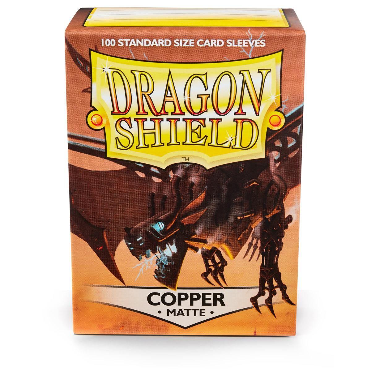 Box of Arcane Tinmen's Dragon Shield: Standard 100ct Sleeves - Copper (Matte). The durable box displays a dragon with metallic copper coloring, mechanical elements, and glowing blue eyes. Text reads 