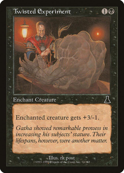 A Magic: The Gathering card titled "Twisted Experiment [Urza's Destiny]" from Magic: The Gathering. It shows a cloaked figure with glowing eyes and hand facing a hulking, malformed creature. The card costs 1 black mana and 1 generic mana, granting an enchanted creature +3/-1. Its flavor text highlights Gatha’s experimental prowess.