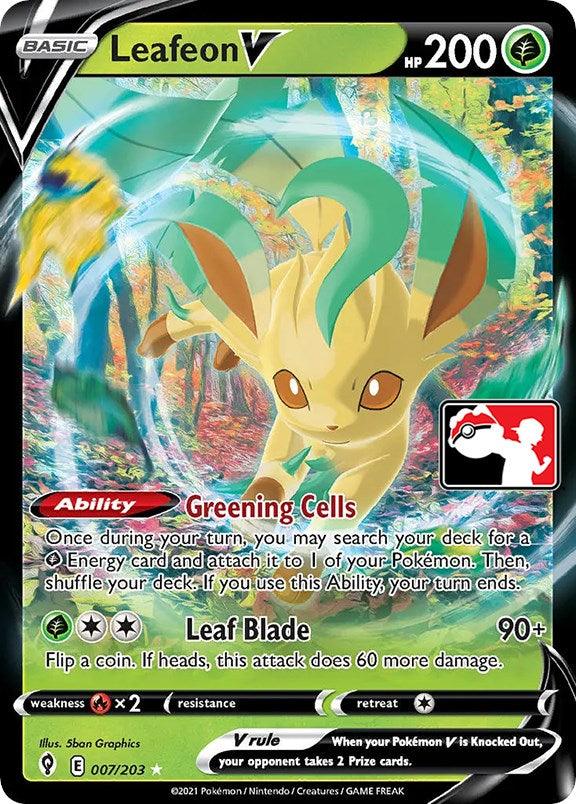 A Pokémon trading card featuring Leafeon V (007/203) [Prize Pack Series One] with 200 HP. This Ultra Rare, Grass Type card showcases Leafeon V, a green, fox-like creature with leaf-like ears and tail. With abilities 