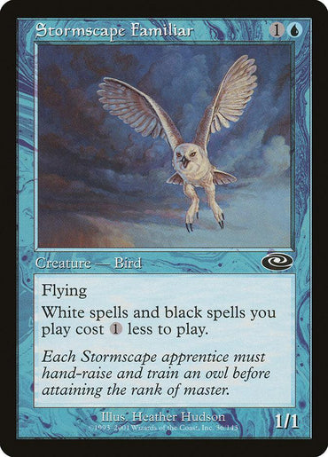 A Magic: The Gathering card titled "Stormscape Familiar [Planeshift]" features an owl in mid-flight against a dark, cloudy sky. This 1/1 creature with flying costs 1 blue and 1 colorless mana and reduces the cost of white and black spells by 1 mana. The artist is Heather Hudson.