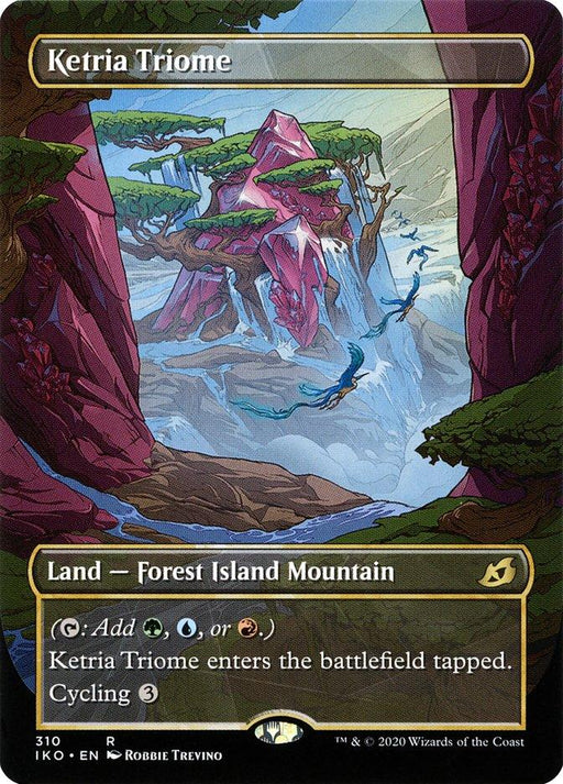 A fantasy land card titled "Ketria Triome (Showcase) [Ikoria: Lair of Behemoths]" from Magic: The Gathering. This Rare Land from Ikoria: Lair of Behemoths features a majestic floating island with lush greenery and cascading waterfalls. Adorned in green, blue, and red hues, the card text details its abilities and notes it enters the battlefield tapped.