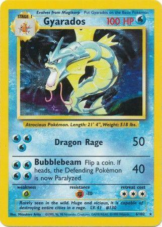 A Pokémon trading card from the Base Set Unlimited showing Gyarados with 100 HP. This Holo Rare water type boasts attacks "Dragon Rage" for 50 damage and "Bubblebeam" for 40 damage, which may paralyze the opponent. Weakness to electric, resistance to fighting, and a retreat cost of 3 energy. Card number is Gyarados (6/102) [Base Set Unlimited] by Pokémon.