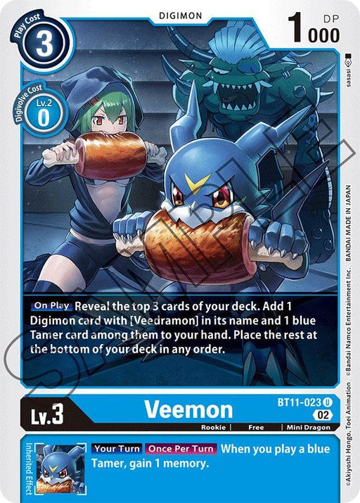 A Digimon card from the Dimensional Phase collection featuring "Veemon" [BT11-023], a Level 3 character with 1000 DP, depicted in an illustrated scene alongside a blue girl holding drumsticks. The border of the card displays power levels, effects (reveal top 3 cards), and the card number "BT11-023 C." Veemon dreams of becoming a Mini Dragon like Veedramon.